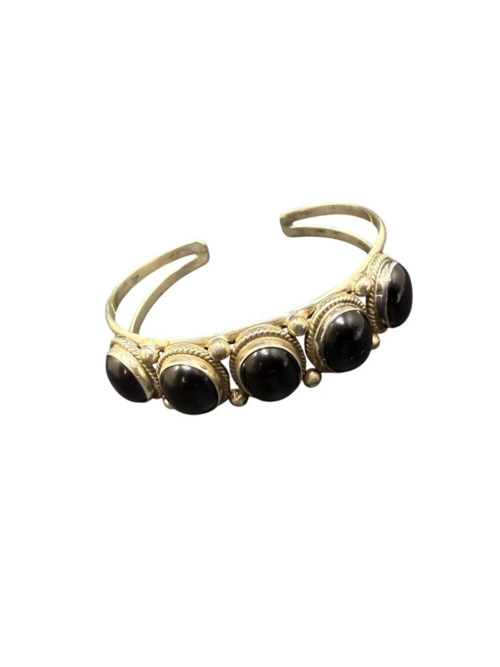 Signed Navajo Running Bear Sterling Silver Black Onyx Cuff Bracelet Ethnic